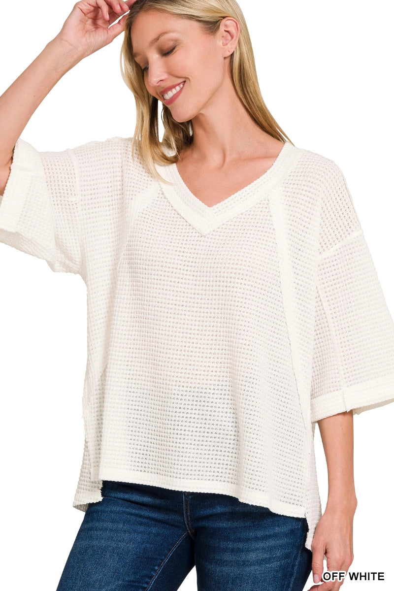Brushed Waffle Exposed Seam 3/4 Sleeve Top