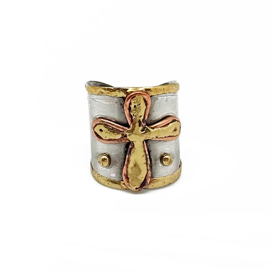 Handcrafted Cross Mixed Metal Ring