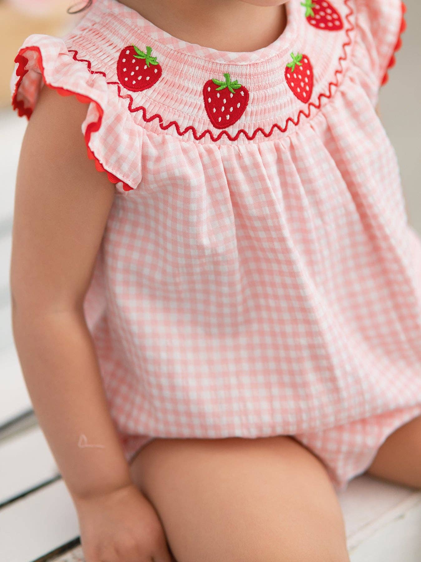 Strawberry Plaid Smocked Romper