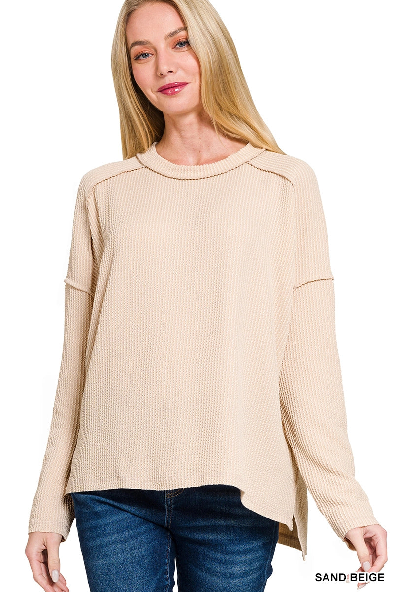 Ribbed Raw Edge Long Sleeve Top - Color Options