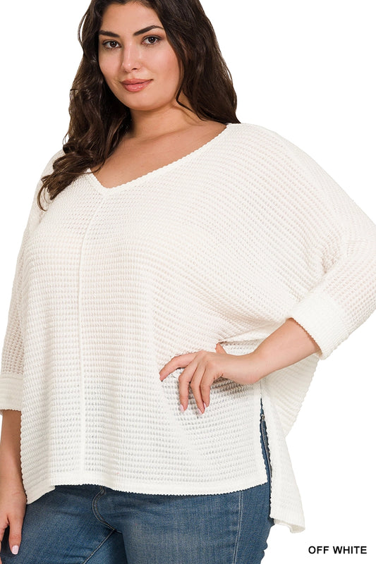 Brushed Waffle Exposed Seam 3/4 Length Sleeve Top - Plus