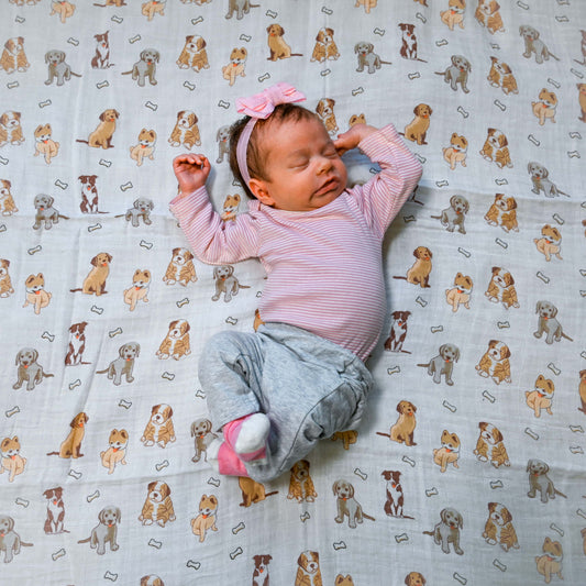 Baby Muslin Swaddle Blanket Woof Woof Dog Theme