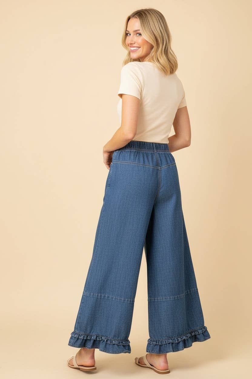 Ruffle Hem Wide Leg Cropped Denim Pants Small - 3XL