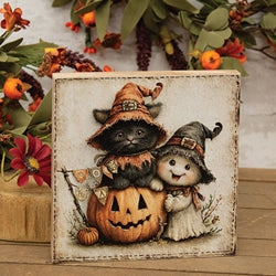 Witchy Kitten and Ghost Wooden Block Sitter
