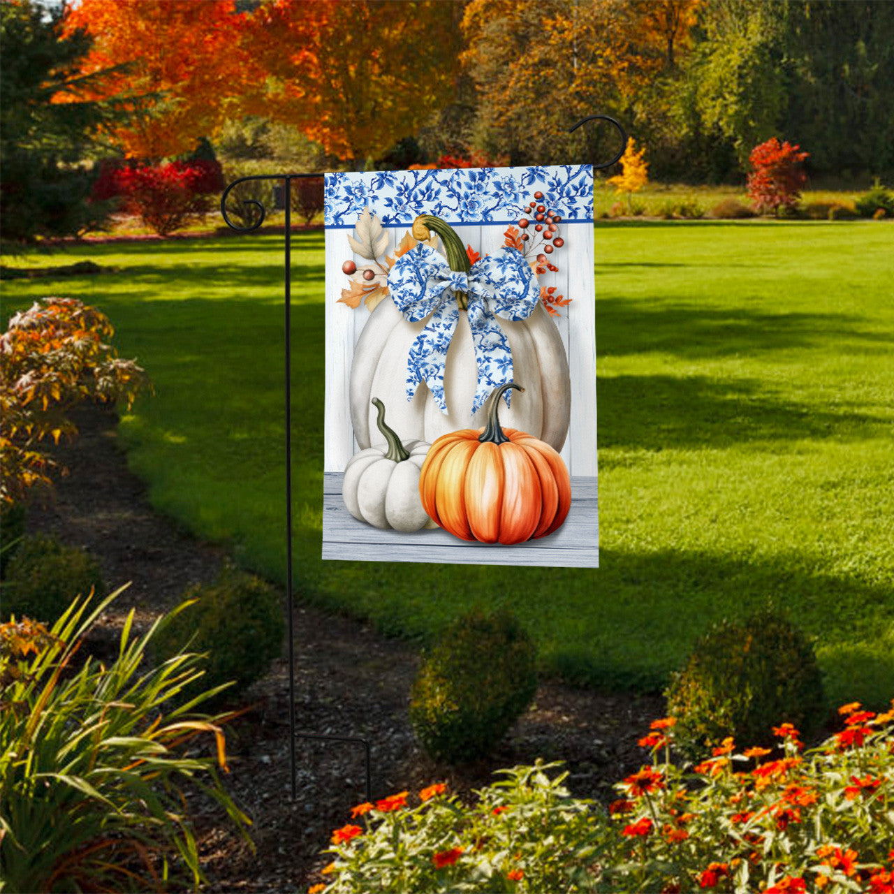 Blue and White Pumpkins Garden Flag