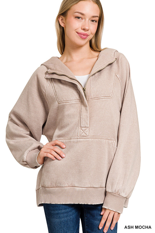 Acid Wash Fleece 1/4 Zip Hoodie Kangaroo Pocket
