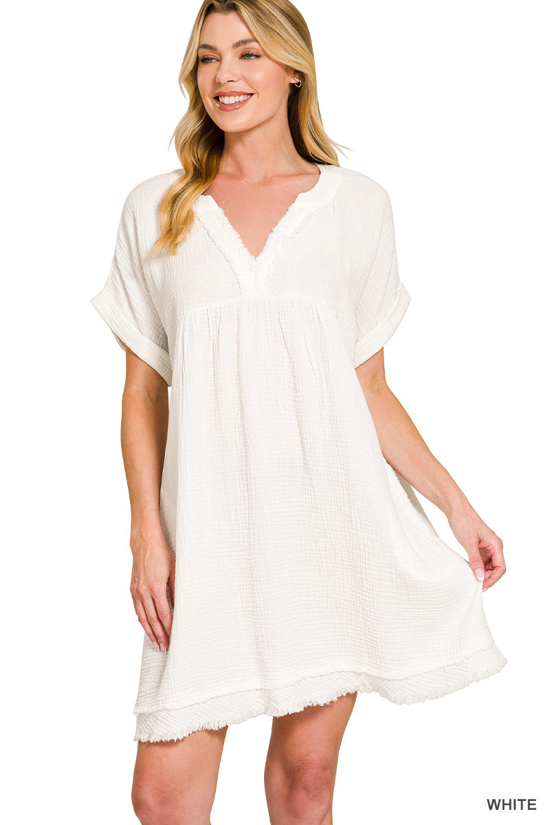 Double Gauze Raw Edge V-neck Dress