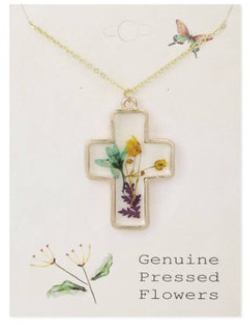 Gold Cross Pressed Flower Necklace