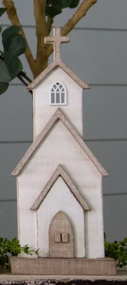 Wooden Whitewashed Church - Tabletop Decor