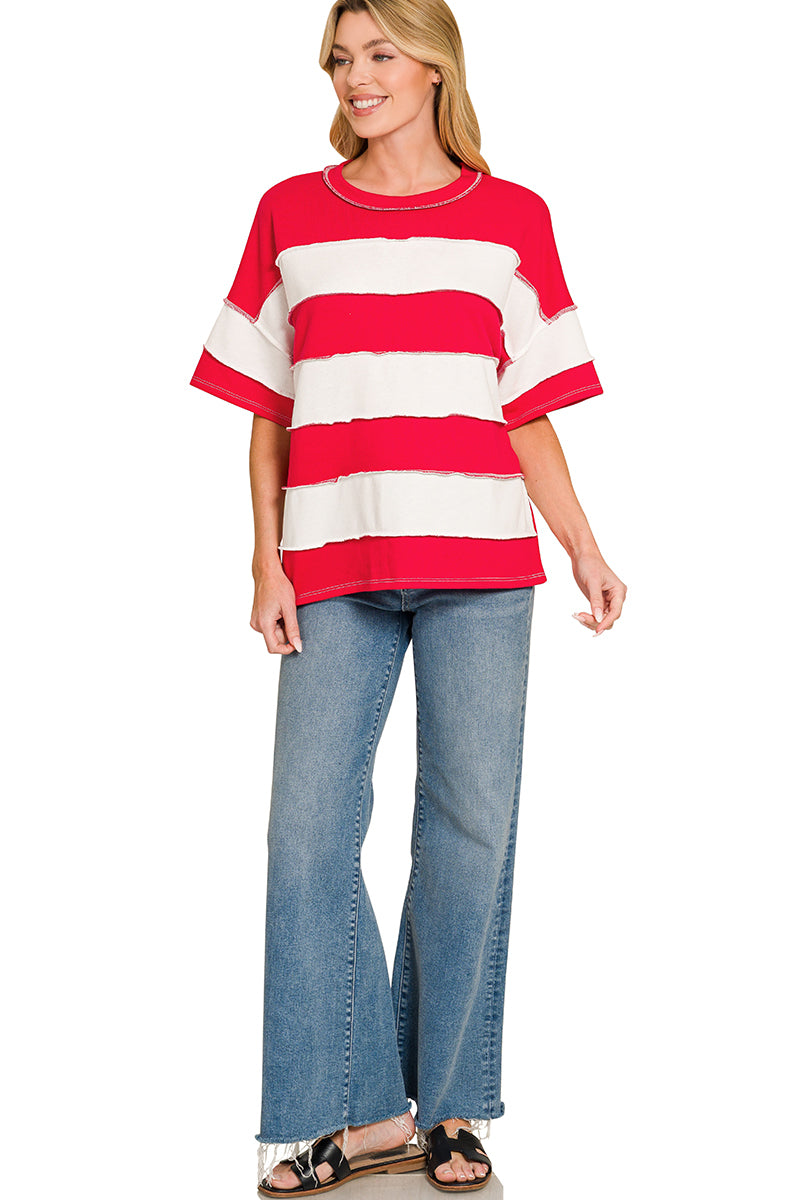 French Terry Striped Exposed Seam Top - 2 Color Options