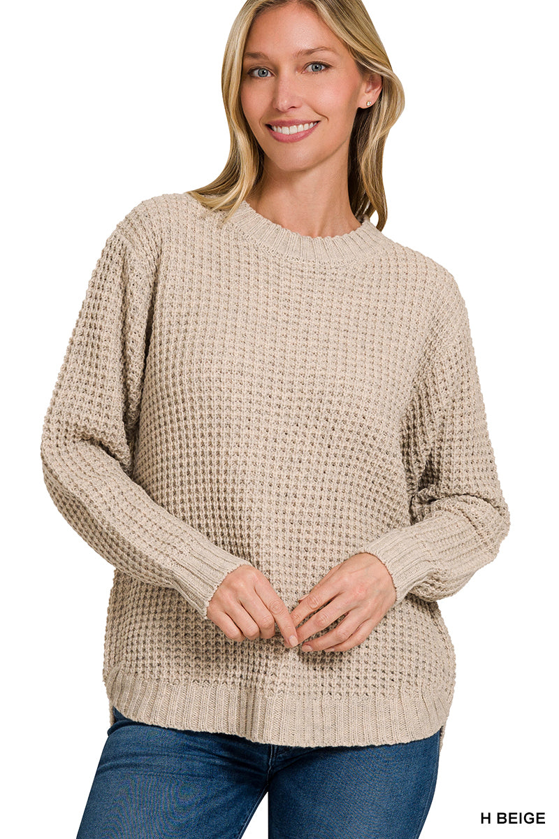 Waffle Long Sleeve Sweater with Hi-low Hem