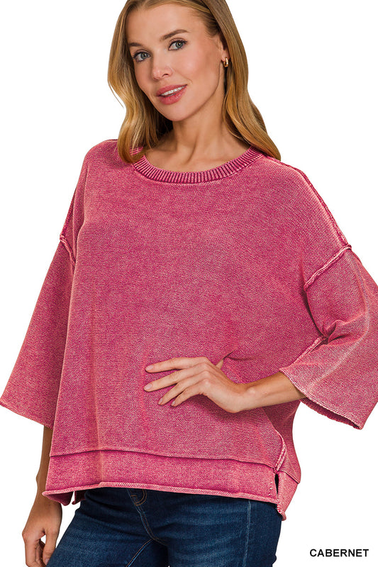 Washed 3/4 Sleeve Boxy Sweater - Color Options