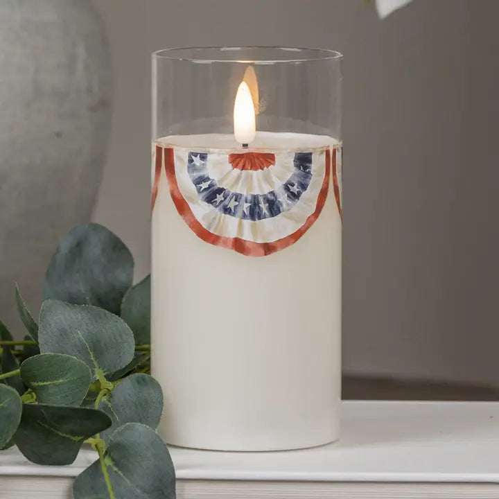 Patriotic Bunting Glass 3D Flamesless Candle with Timer - 3 Sizes