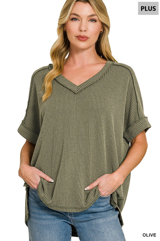 Corded Ribbed Short Sleeve Hi-Low V-Neck Top