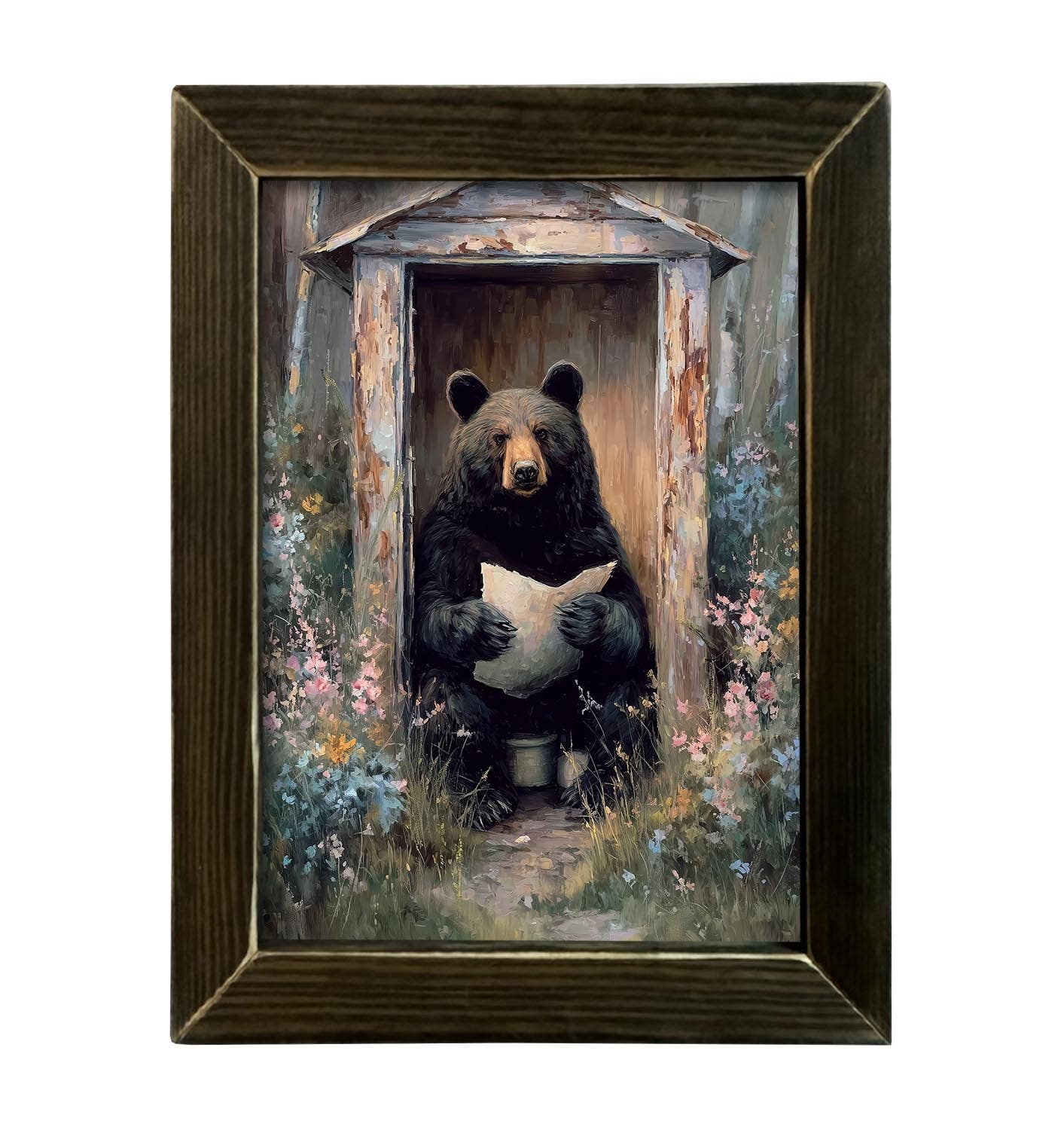 Floral Outhouse Bear Framed Art