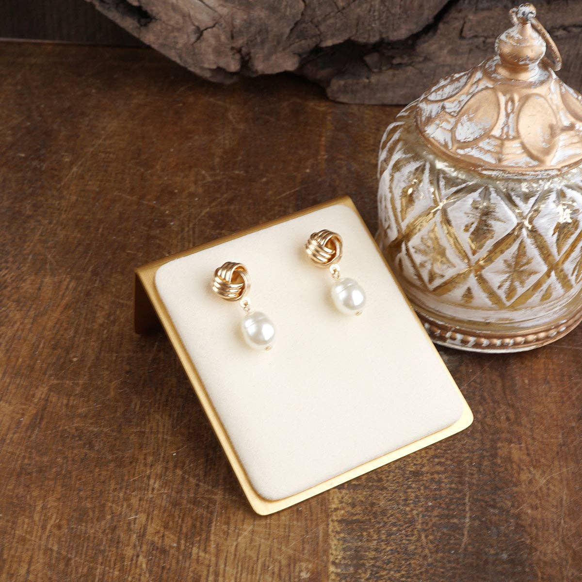 Tied in Time – Goldtone Knot Pearl Drop Earrings
