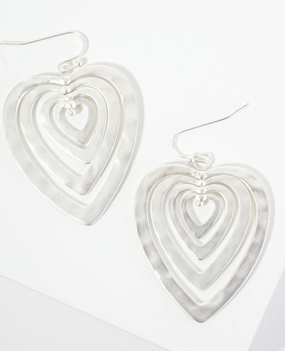 Hammered Metal Layered Heart Dangle Earrings