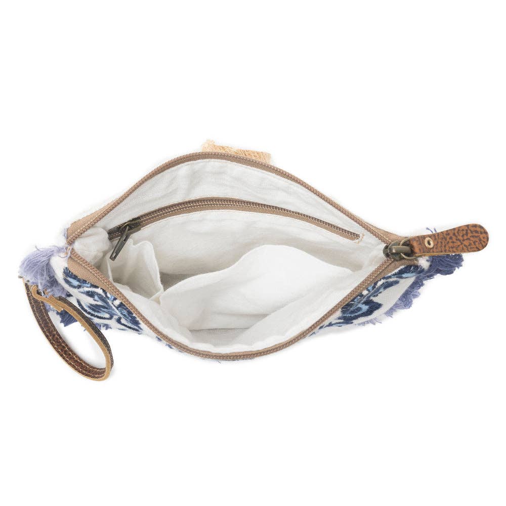Mynora Sky Embroided Wristlet Pouch in Artisanal Blue - Myra Bag