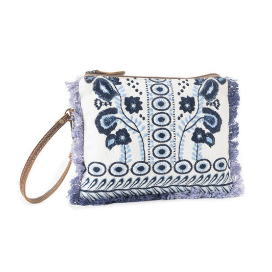 Mynora Sky Embroided Wristlet Pouch in Artisanal Blue - Myra Bag