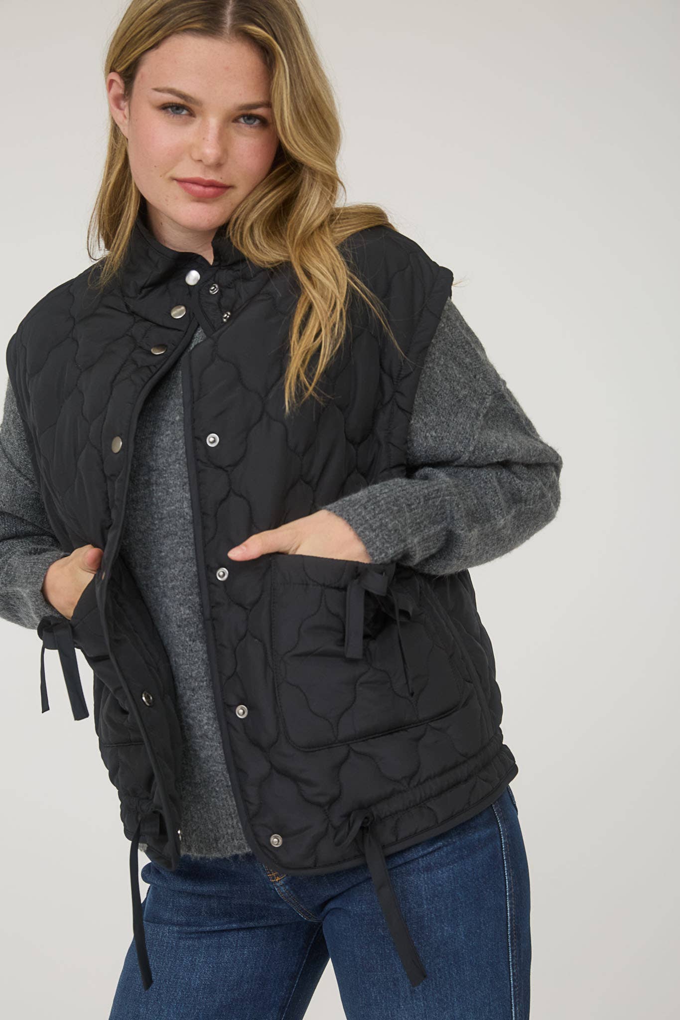 Tie Detail Snap Button Quilted Puffer Vest