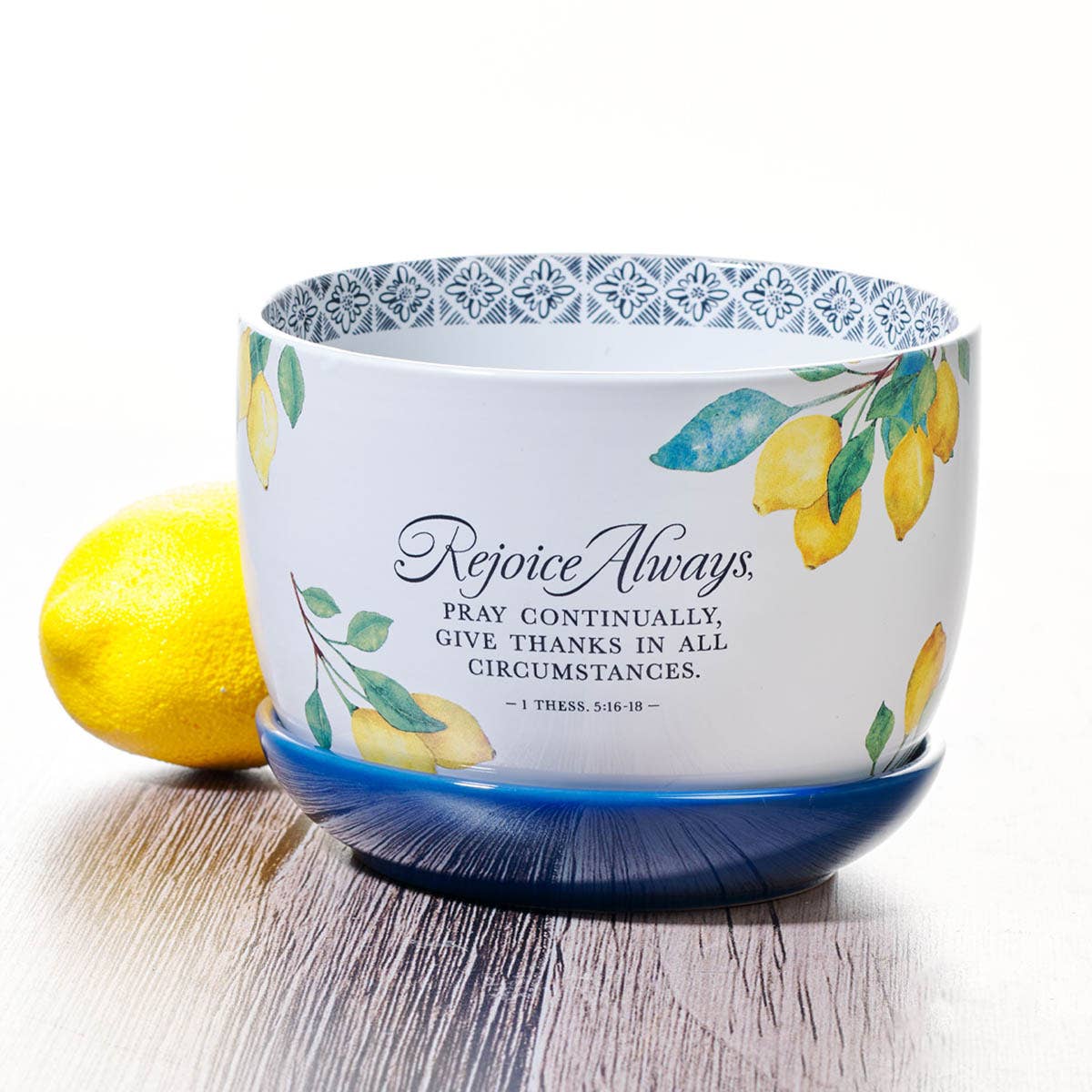 Rejoice Always 1 Thess. 5:16-18 Planter with Lemon Theme and Saucer
