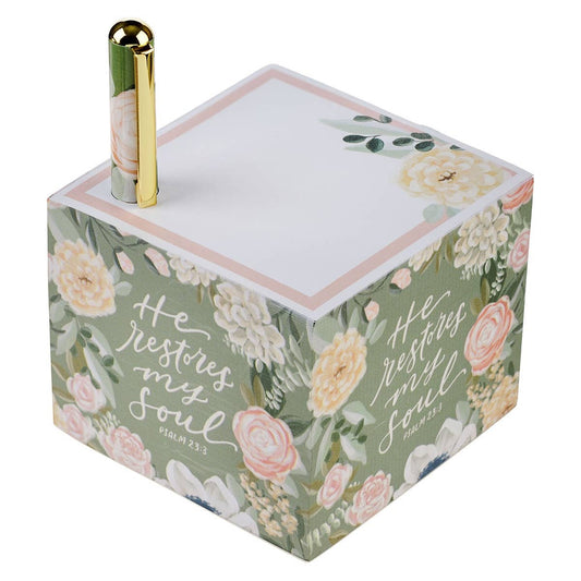 Note Block with Pen He Restores My Soul