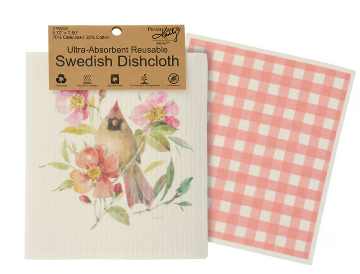 Cardinals and Blooms Swedish Dishcloth Set of 2