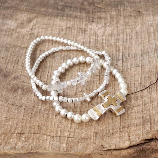 Cross bracelet set - Worn Silver tone