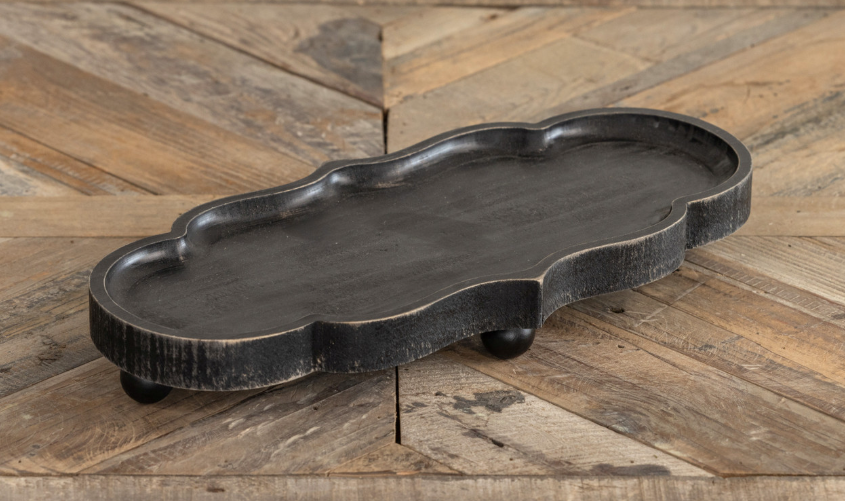 Black Scalloped Wood Tray - 13.5"