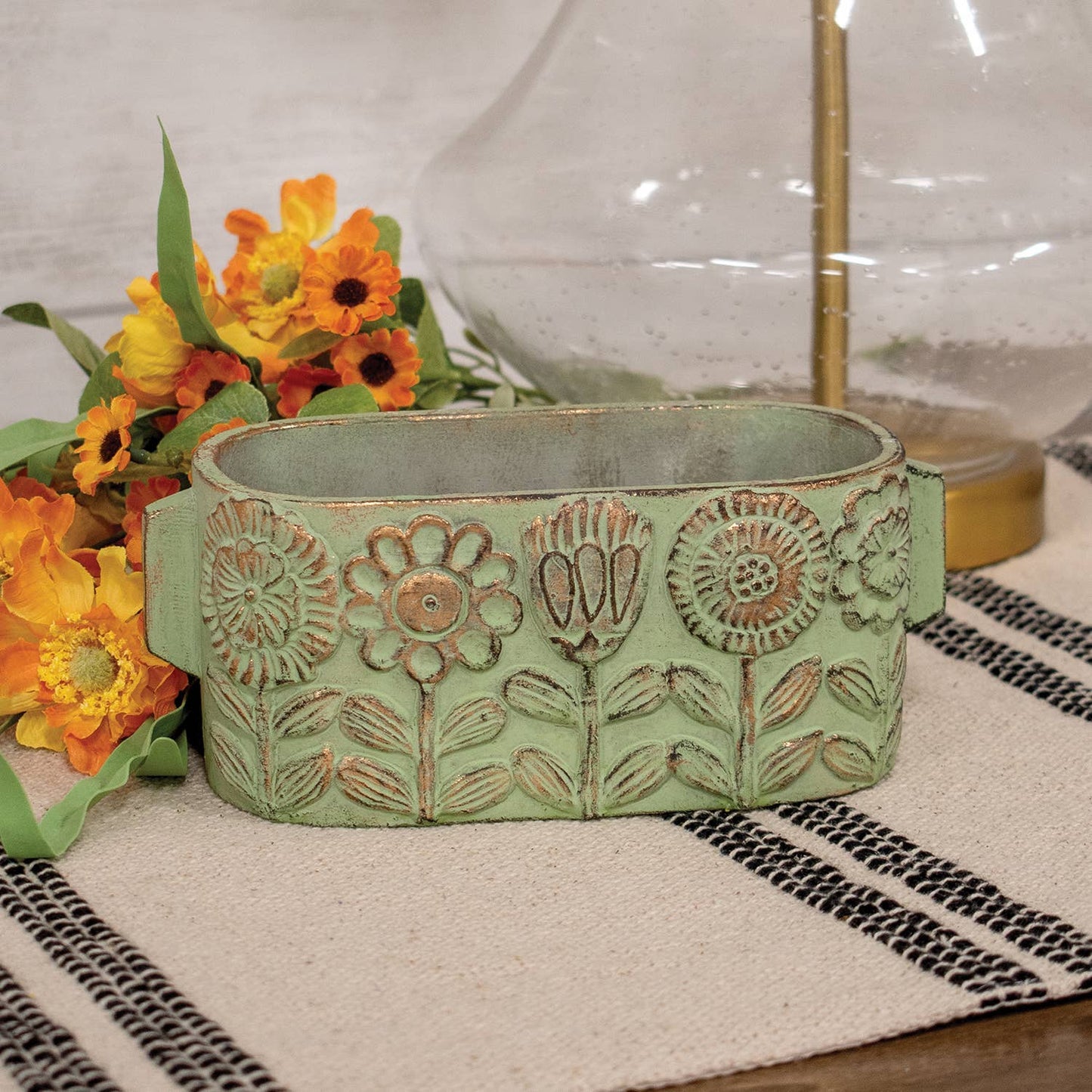 Flower Garden Embossed Distressed Green Cement Oval Planter