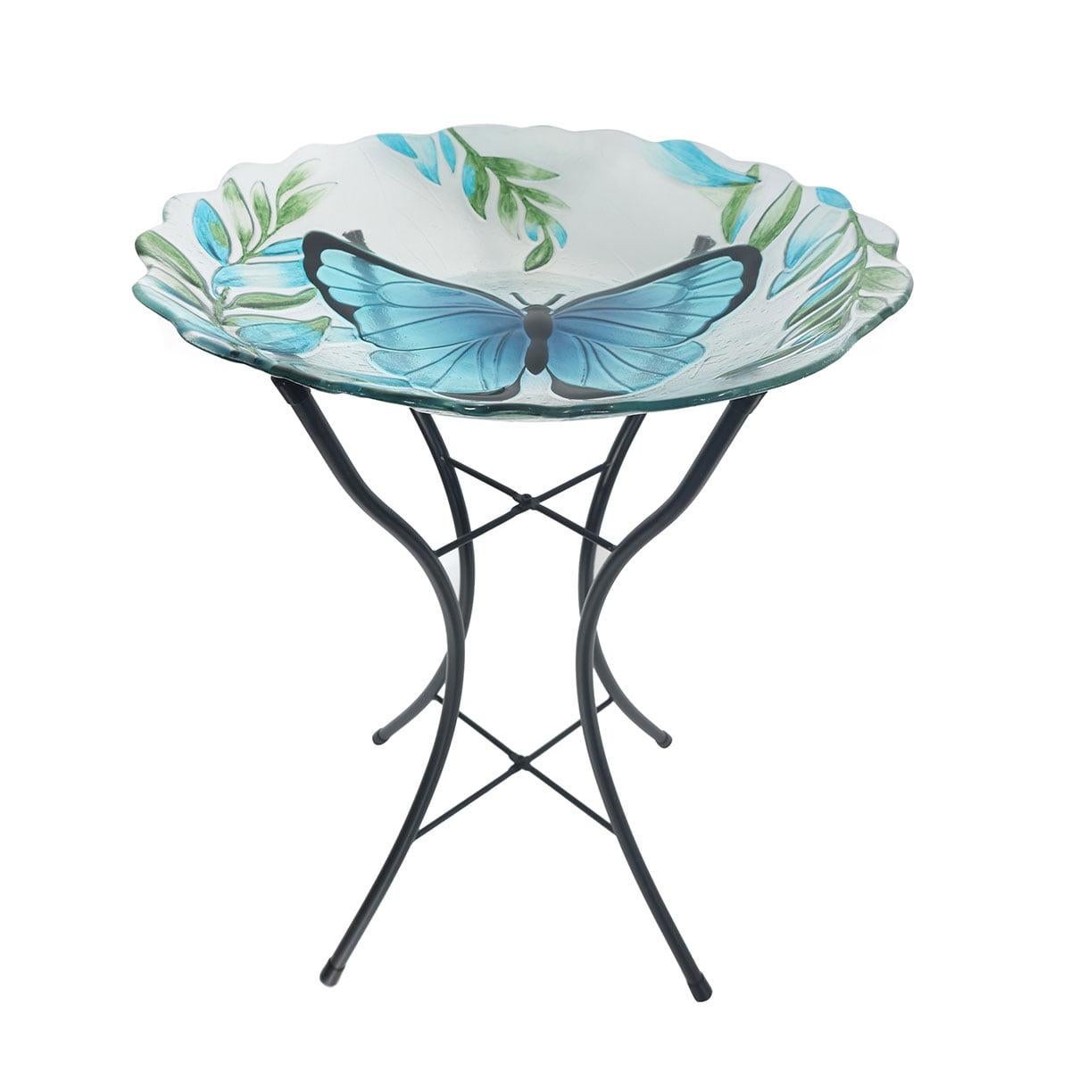 Blue Butterfly Glass Bird Bath with Metal Stand