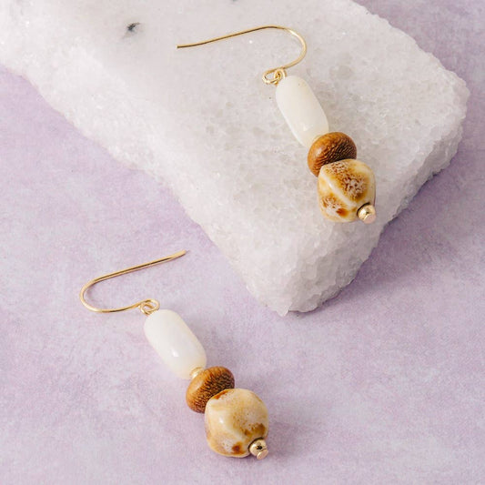Ceramic Wood And Sea Shell Beads Dangle Earrings