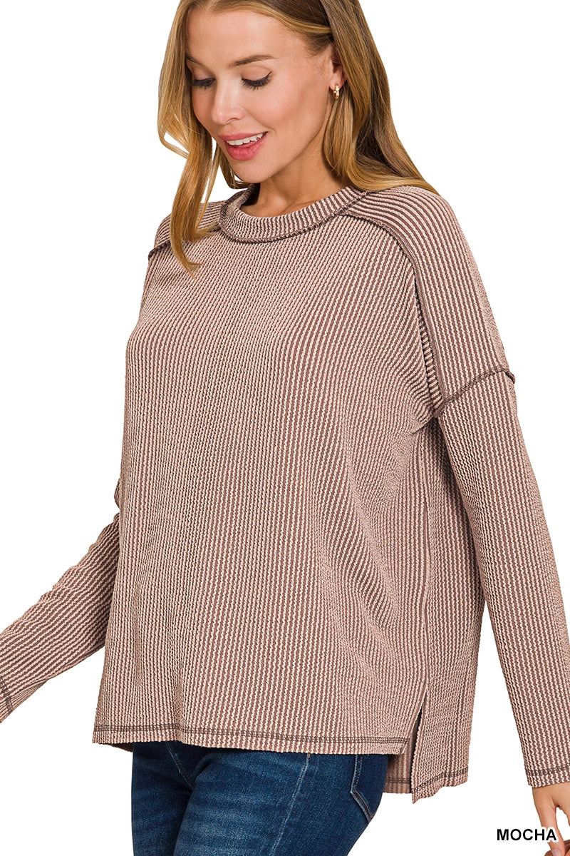 Ribbed Raw Edge Long Sleeve Top - Color Options