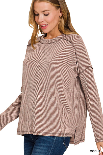 Ribbed Raw Edge Long Sleeve Top - Color Options