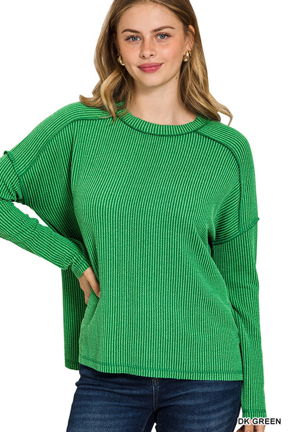 Ribbed Raw Edge Long Sleeve Top - Color Options