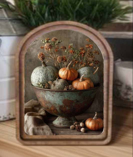 Arch Top Pumpkins In Bowl Framed Art