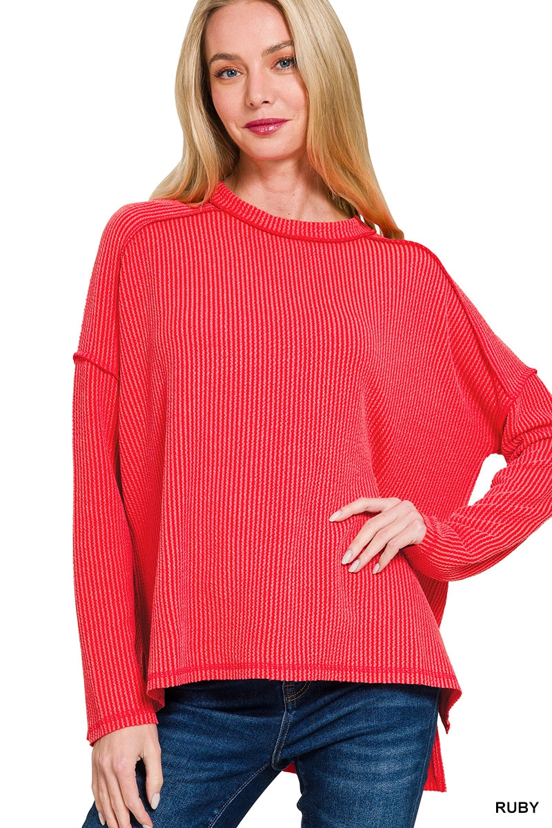 Ribbed Raw Edge Long Sleeve Top - Color Options