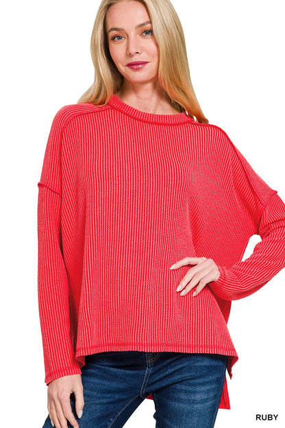 Ribbed Raw Edge Long Sleeve Top - Color Options