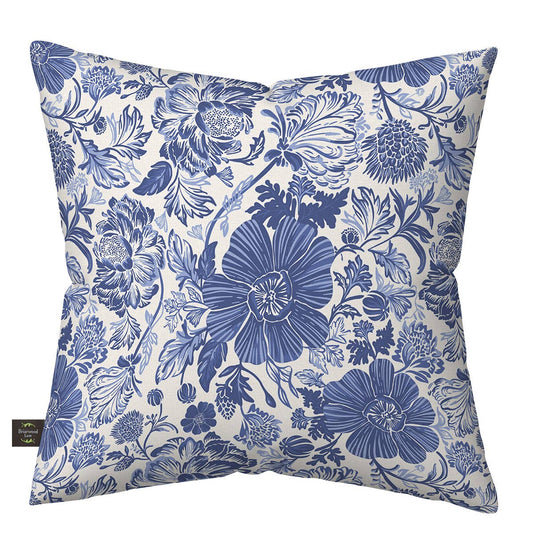 Blue and White Floral Burlap Indoor/Outdoor Pillow