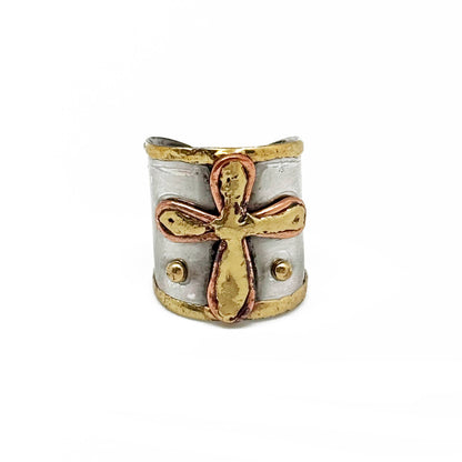 Handcrafted Cross Mixed Metal Ring