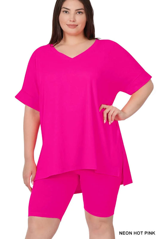 Plus Size Hi-Low V-Neck Top and Biker Shorts Set