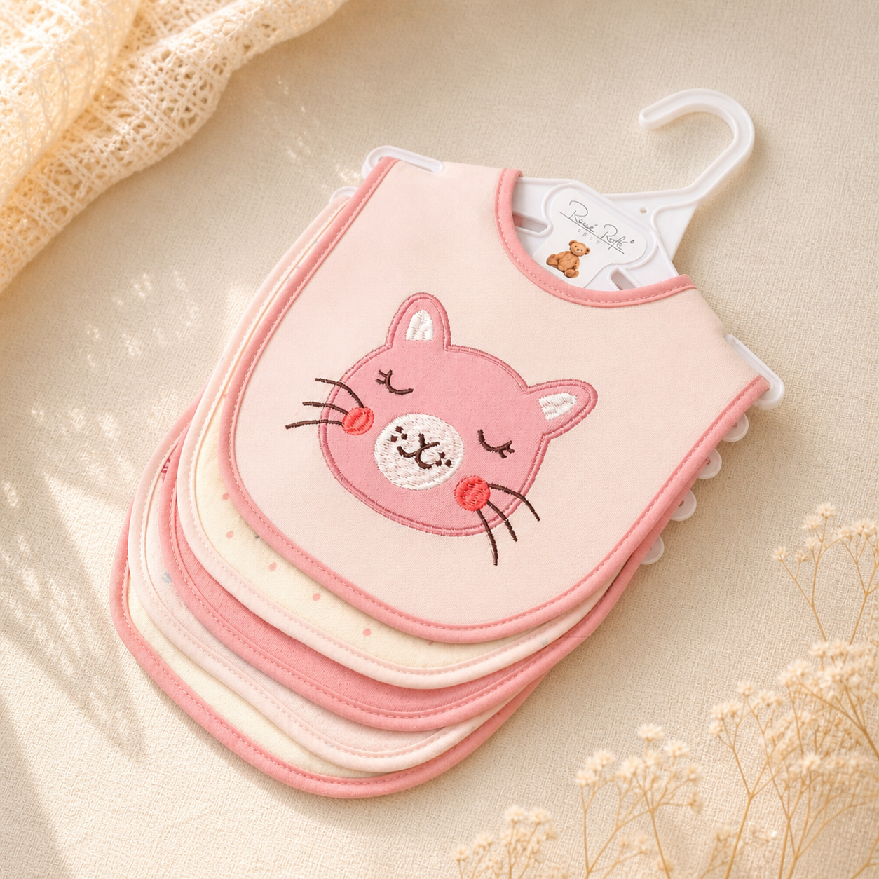 Kitty Love Soft Cotton Embroidered Baby Bibs - 5 Pack