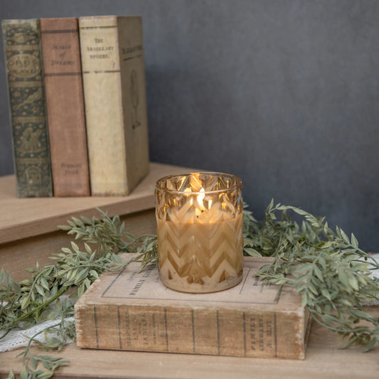 Champagne Chevron Glass LED Flameless Candle - 4"