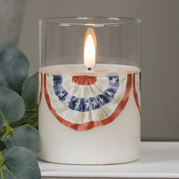 Patriotic Bunting Glass 3D Flamesless Candle with Timer - 3 Sizes