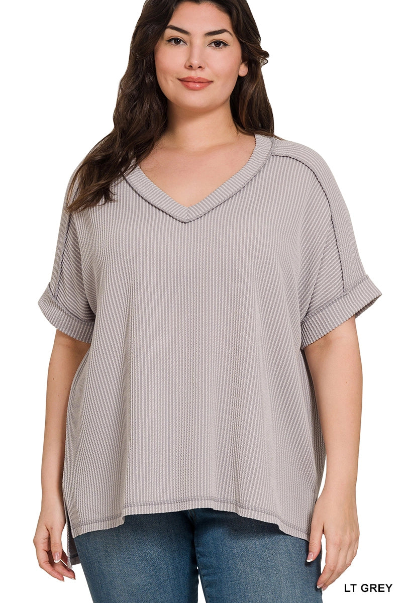 Corded Ribbed Short Sleeve Hi-Low V-Neck Top