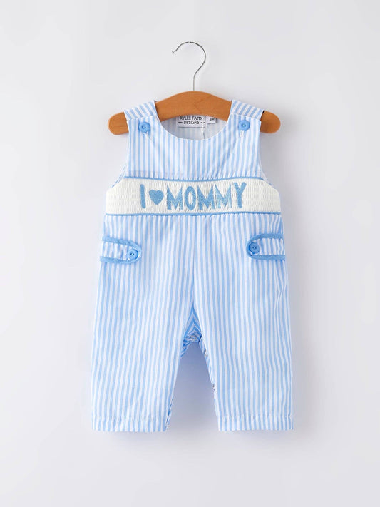 “I ❤ MOMMY” Embroidered Smocked Striped Baby Boys Romper