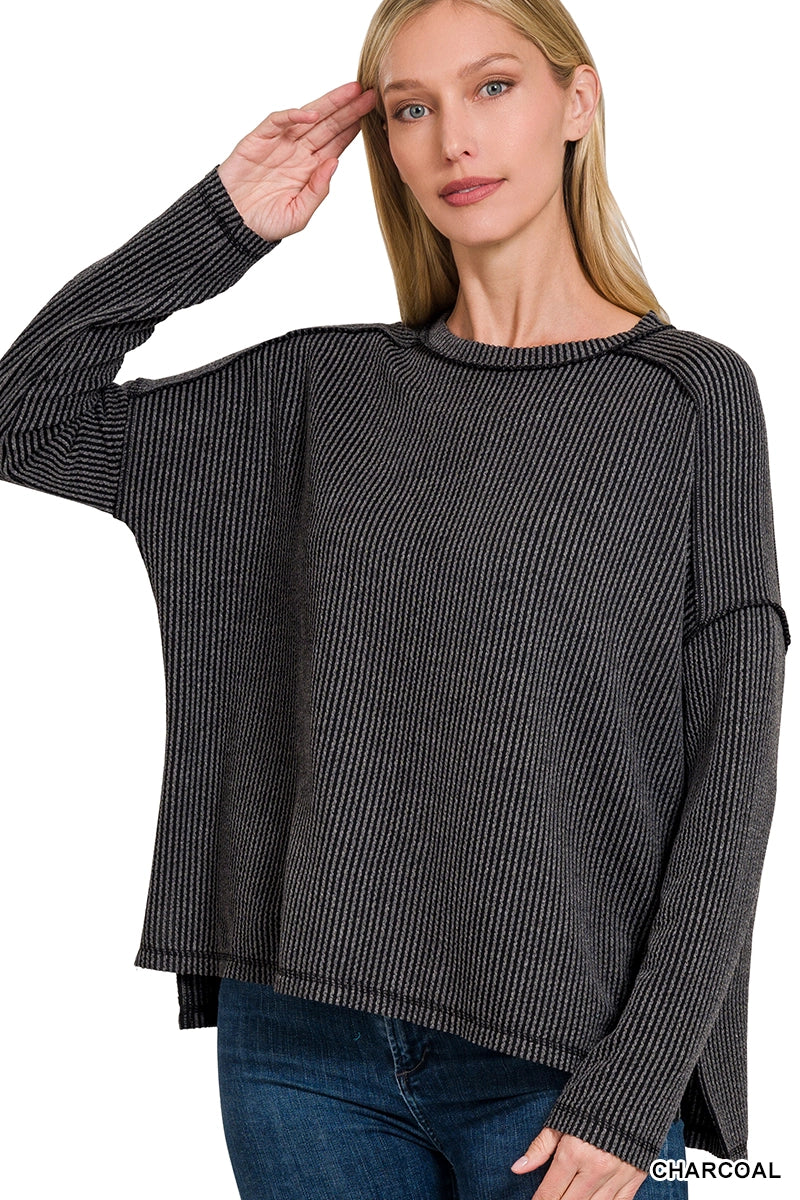 Ribbed Raw Edge Long Sleeve Top - Color Options
