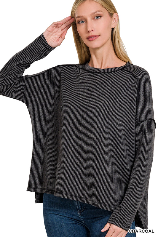 Ribbed Raw Edge Long Sleeve Top - Color Options