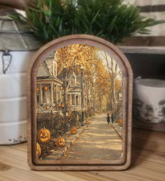 Arch Top Halloween Street Framed Art