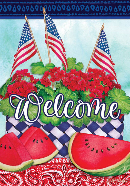 Watermelon and American Flags Welcome House Flag - 28" x 40"